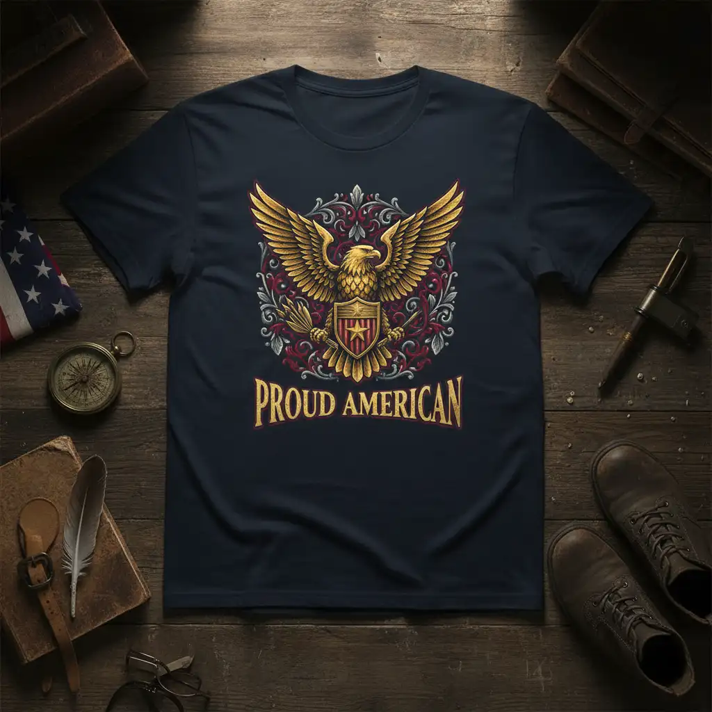 Proud American text with detailed golden eagle emblem and shield on a t-shirt