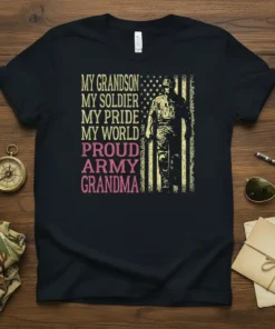 Proud Army Grandma t-shirt with text "My Grandson My Soldier My Pride My World Proud Army Grandma" and a soldier