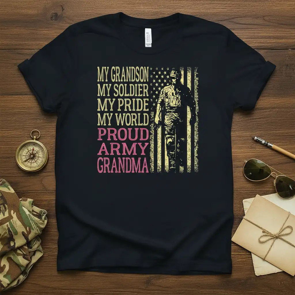 Proud Army Grandma t-shirt featuring text My Grandson My Soldier My Pride My World Proud Army Grandma with soldier graphic