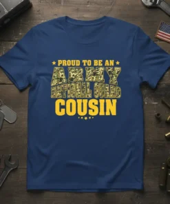 Proud to Be an Army National Guard Cousin t-shirt with camouflage text and yellow lettering