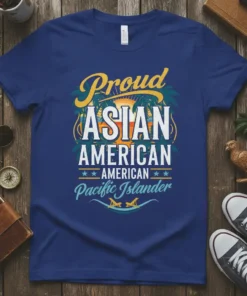 Proud Asian American Pacific Islander text design with tropical sunset and palm trees graphic