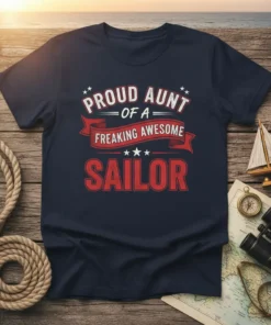 Proud Aunt of a Freaking Awesome Sailor text design with red ribbon and stars on a navy blue t-shirt