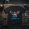 Proud Father of a USAF Airman T-Shirt with patriotic eagle graphic and distressed USA flag wings