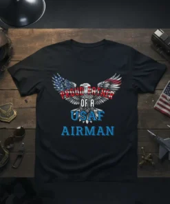 Proud Father of a USAF Airman T-Shirt with patriotic eagle graphic and distressed USA flag wings
