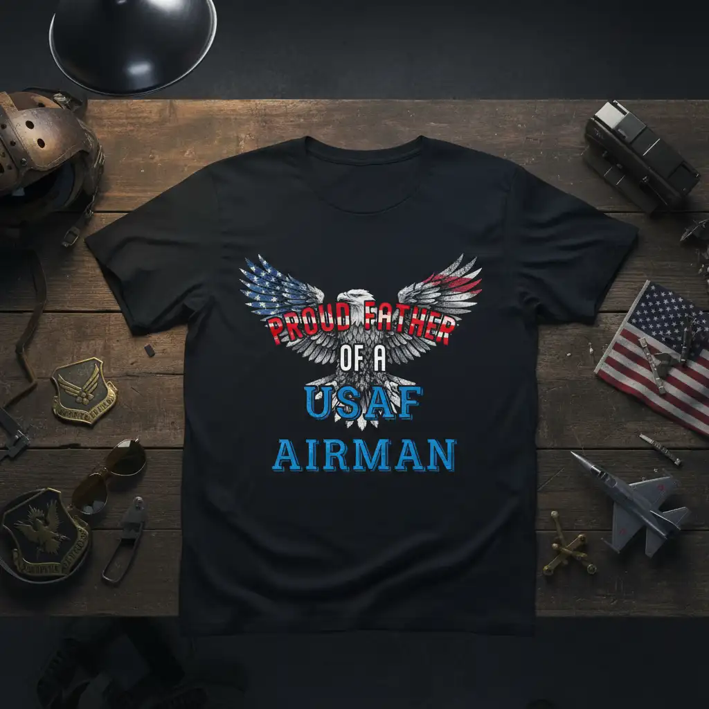 Proud Father of a USAF Airman text with patriotic eagle and distressed US flag wings design