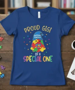 Proud GiGi of a Special One Autism Awareness T-Shirt featuring puzzle piece ghost graphic and colorful text