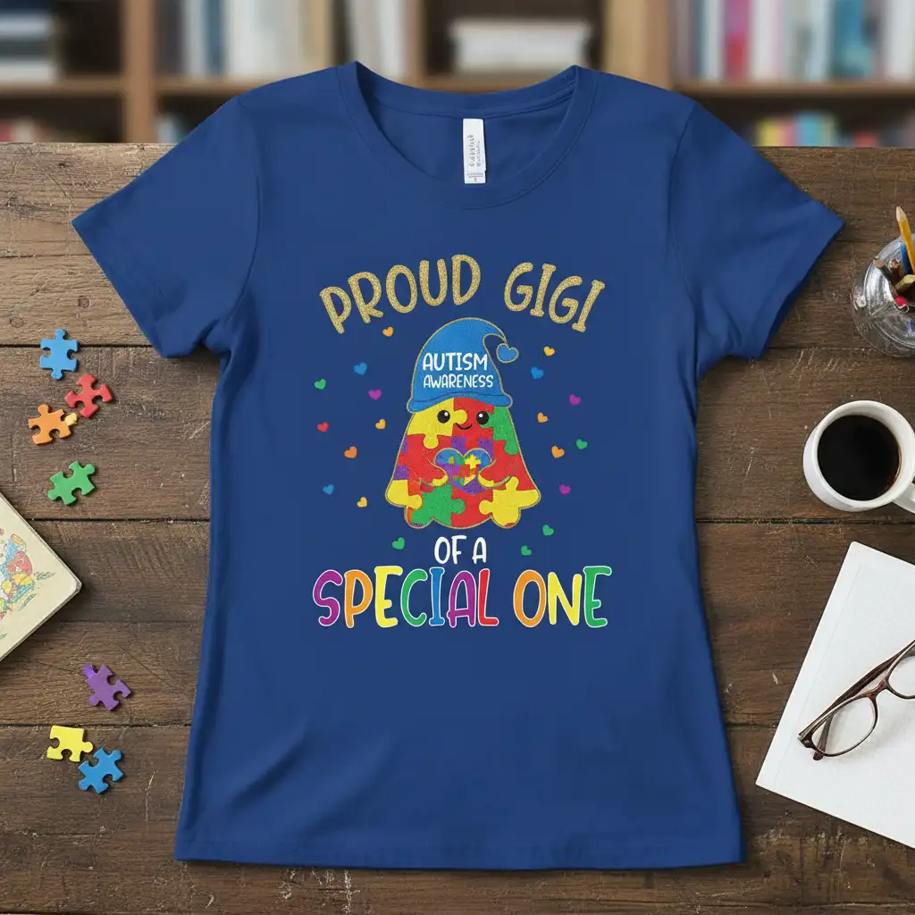 Proud GiGi of a Special One Autism Awareness T-Shirt with colorful puzzle graphic and supportive text