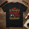 Proud Grammy Of A 2025 Graduate T-Shirt with graduation cap and laurel wreaths, featuring red and gold glitter text