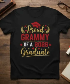 Proud Grammy Of A 2025 Graduate T-Shirt with graduation cap and laurel wreaths, featuring red and gold glitter text