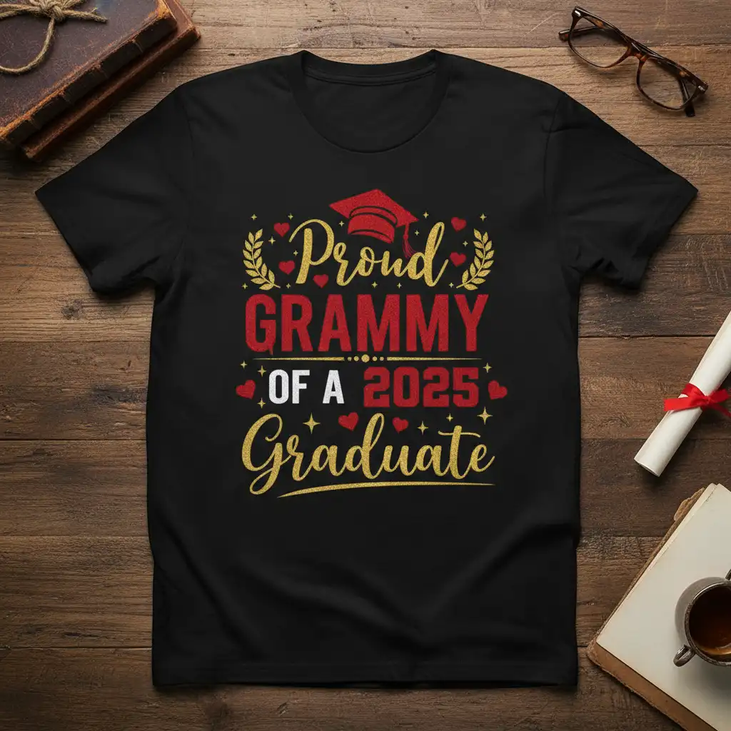 Proud Grammy Of A 2025 Graduate text design with graduation cap and laurel accents in red and gold glitter
