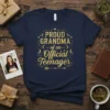 Proud Grandma of an Official Teenager text design with stars and moons graphic on a navy t-shirt