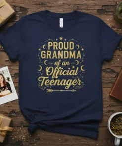 Proud Grandma of an Official Teenager text design with stars and moons graphic on a navy t-shirt