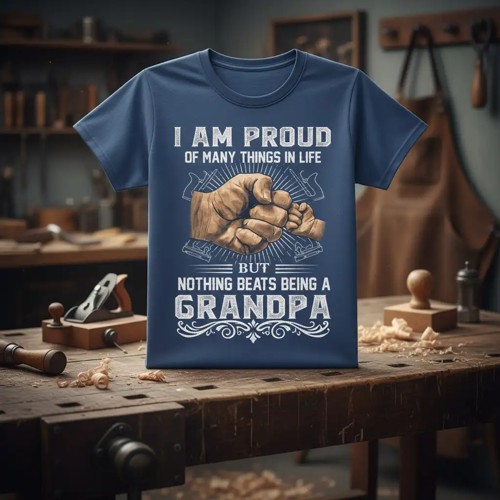 I AM PROUD OF MANY THINGS IN LIFE BUT NOTHING BEATS BEING A GRANDPA text and fist bump graphic on navy shirt