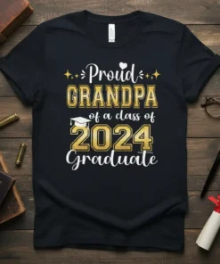 Proud Grandpa of a Class of 2024 Graduate text with graduation cap graphic on a black t-shirt