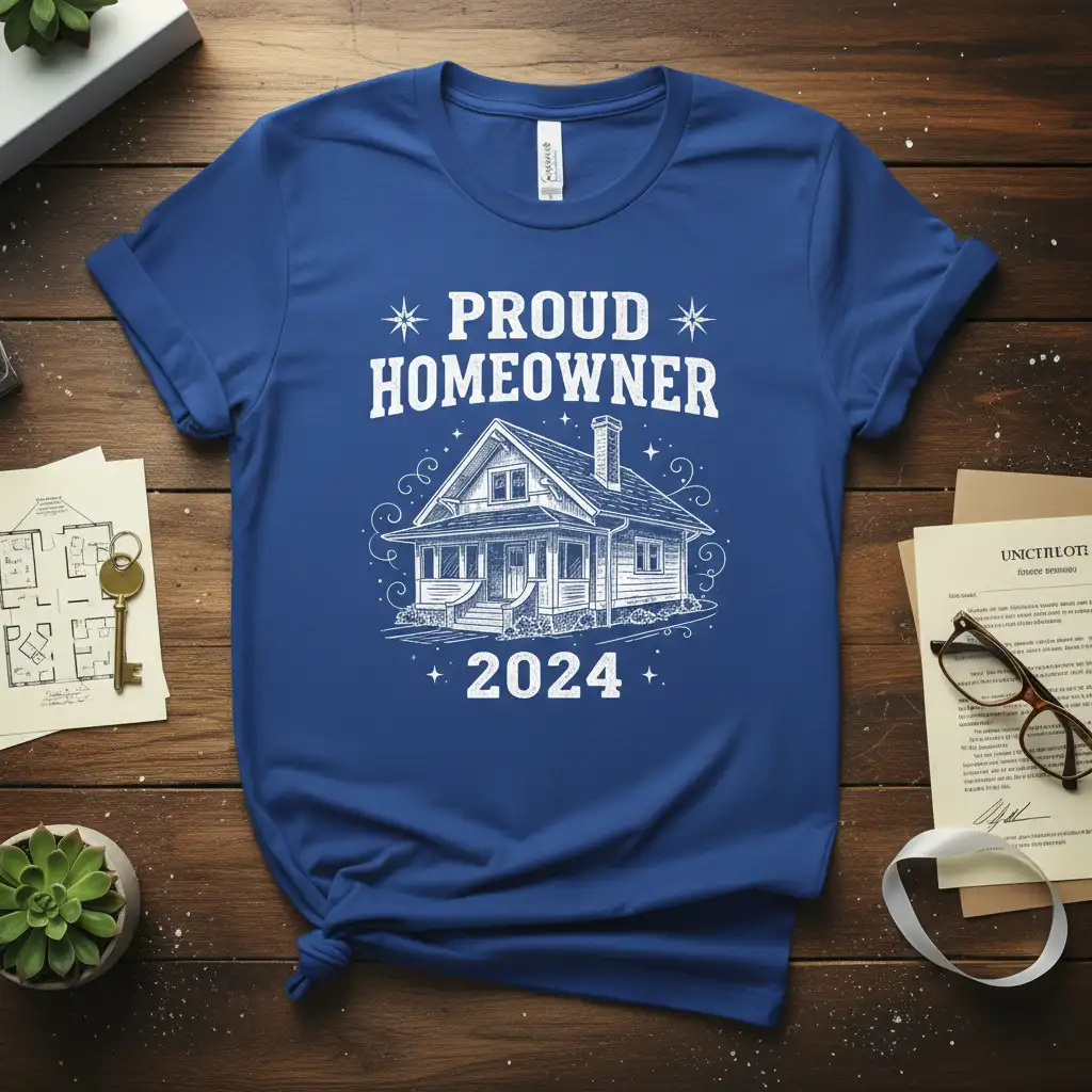 Proud Homeowner 2024 text and sketch of a house on a comfortable blue t-shirt