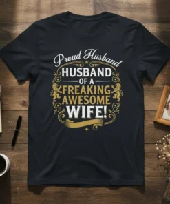 Proud Husband Husband Of A Freaking Awesome Wife text design on a black t-shirt with ornate gold accents and lion
