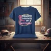 Proud Husband Of A Survivor t-shirt featuring pink ribbon and gold circle design, navy blue tee for breast cancer support