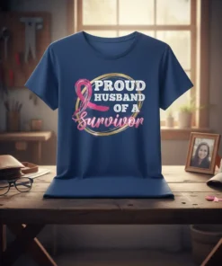 Proud Husband Of A Survivor t-shirt featuring pink ribbon and gold circle design, navy blue tee for breast cancer support