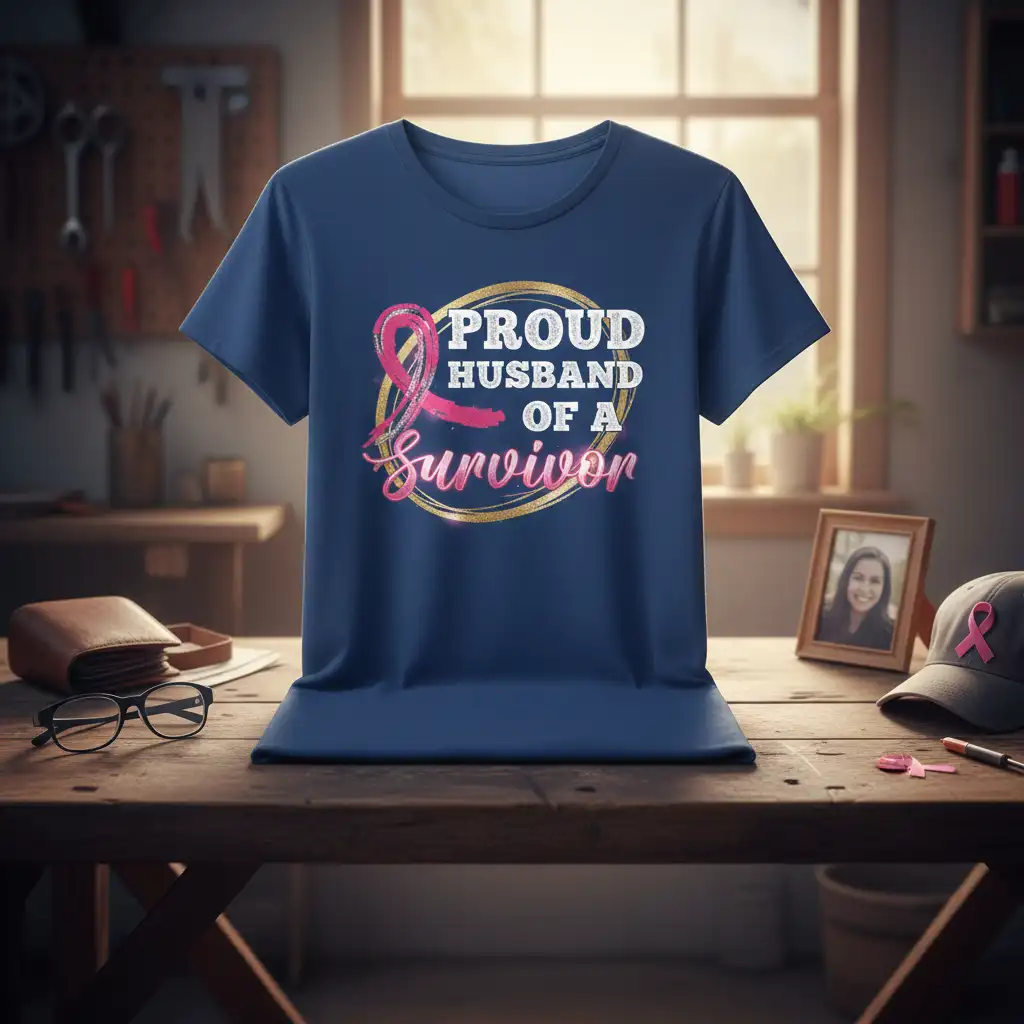 Proud Husband Of A Survivor quote with pink ribbon and gold circle design on a navy blue t-shirt