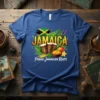 Proud Jamaican Roots text with Jamaica flag, drums, and hummingbird graphic on a blue t-shirt