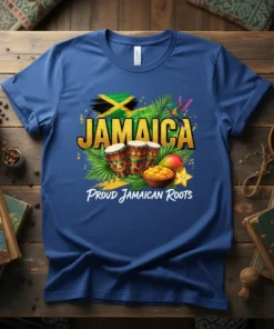 Proud Jamaican Roots text with Jamaica flag, drums, and hummingbird graphic on a blue t-shirt