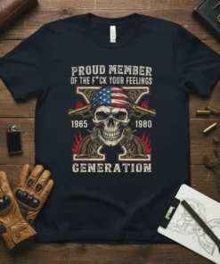 Proud Member of the F*ck Your Feelings Generation 1965-1980 t-shirt with skull, American flag bandana, and crossed guns graphic