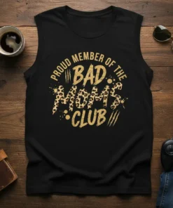Proud Member of the Bad Mom's Club text with leopard print and distressed accents on a black sleeveless shirt