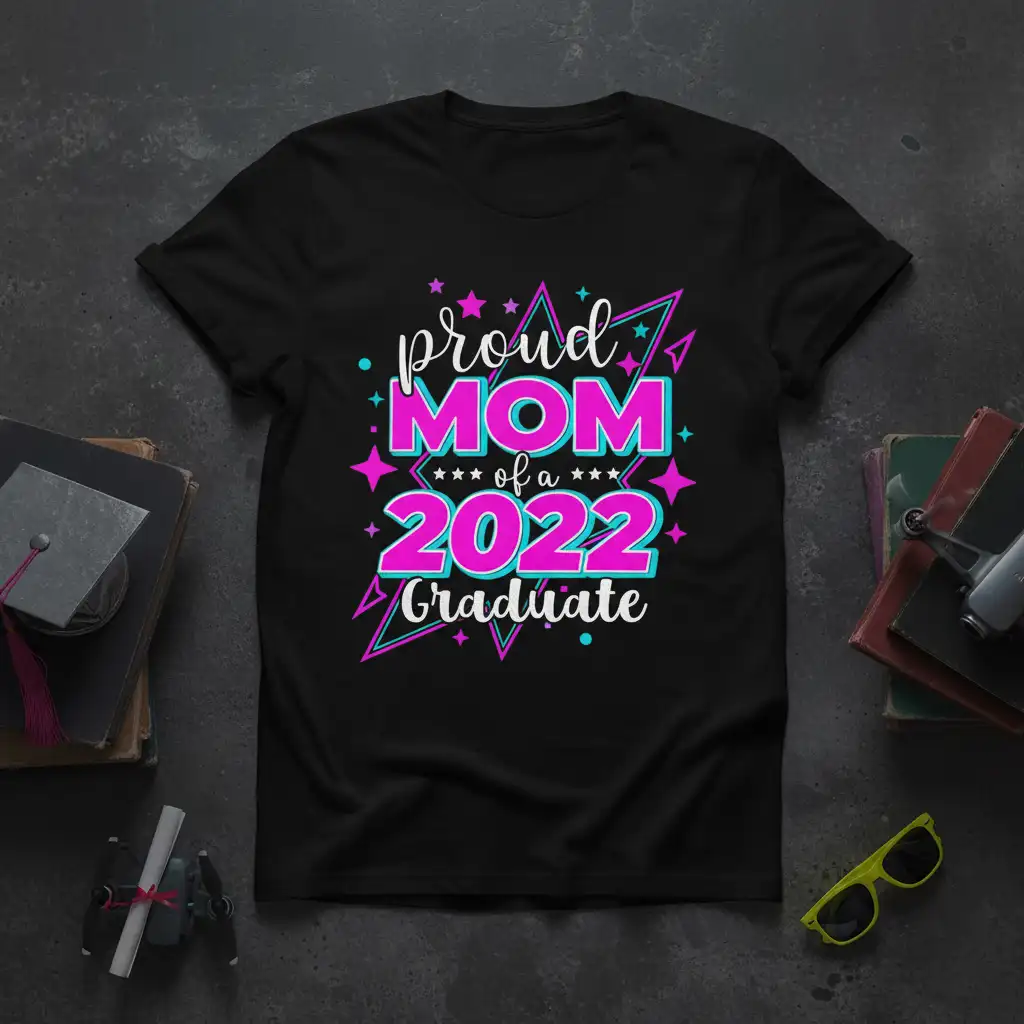 Proud Mom of a 2022 Graduate text design with vibrant pink and teal colors, celebrating a graduation