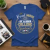 Proud Mom of a 2025 College Graduate T-Shirt with gold glitter text and graduation cap graphic