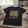 Proud Mom of a 2025 Graduate t-shirt with gold and white text, featuring a graduation cap graphic