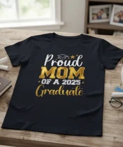 Proud Mom of a 2025 Graduate t-shirt with gold and white text, featuring a graduation cap graphic