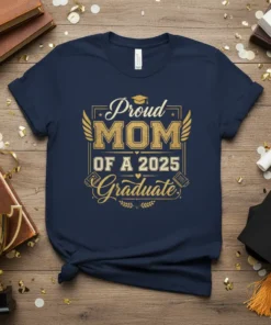 Proud MOM OF A 2025 Graduate text with wings and graduation cap graphic on navy t-shirt