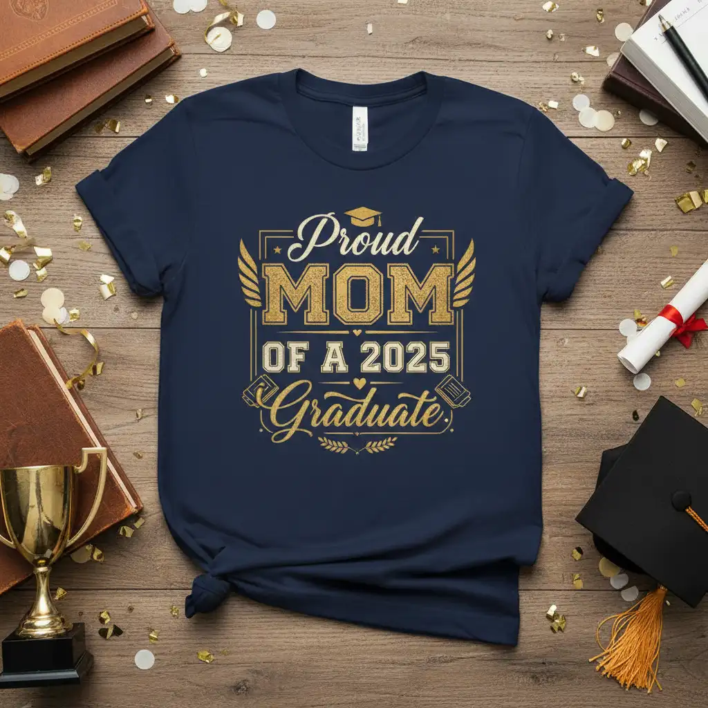 Proud MOM OF A 2025 Graduate text design with decorative wings and cap
