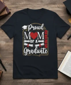 Proud Mom of a Graduate 2025 text with graduation cap and diploma graphics on a black t-shirt