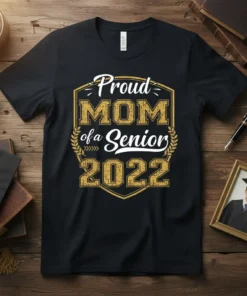 Proud Mom of a Senior 2022 graduation t-shirt design with gold distressed text and laurel wreath graphic
