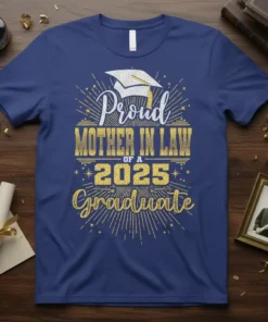 Proud Mother In Law Of A 2025 Graduate T-Shirt with graduation cap graphic and glitter accents