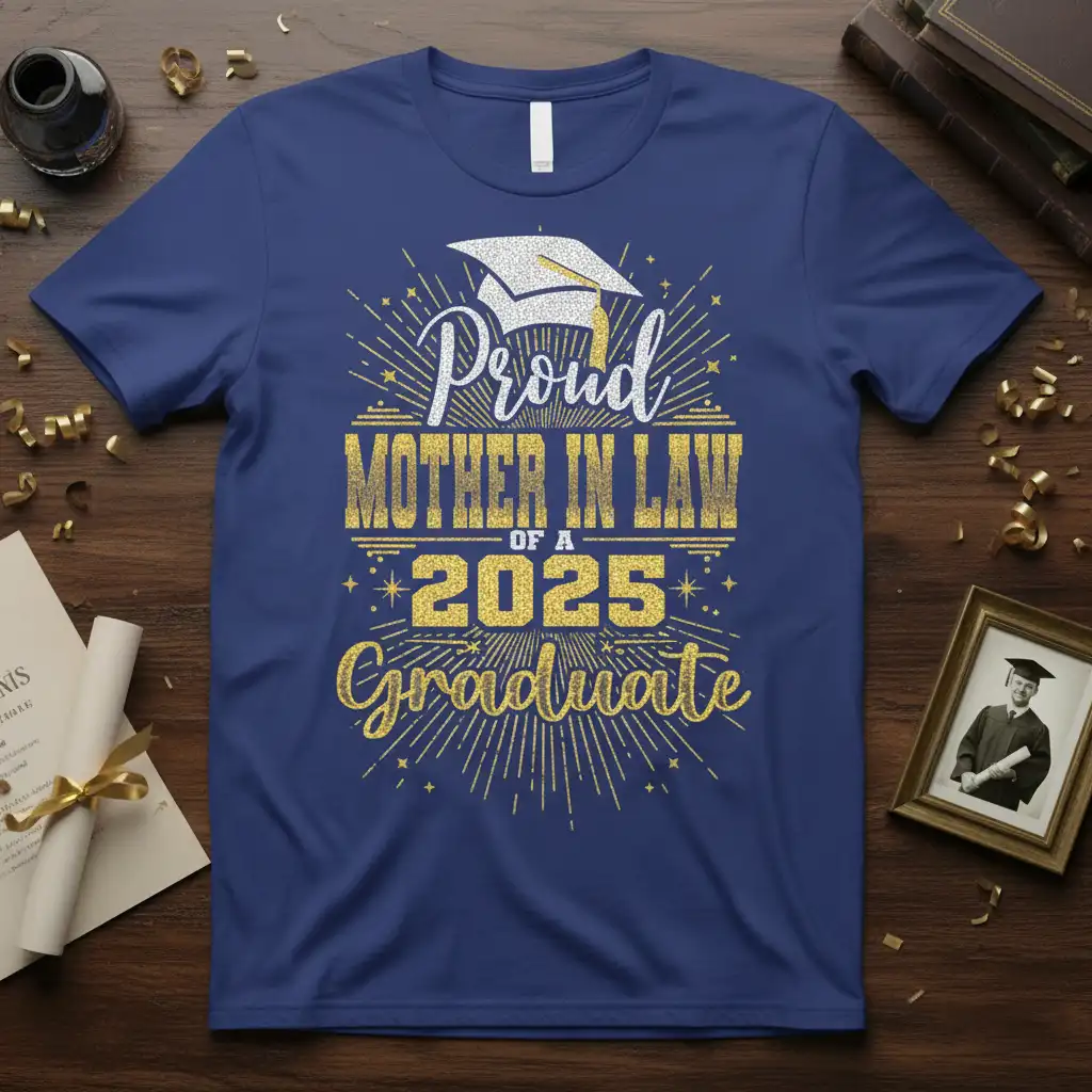 Proud Mother In Law Of A 2025 Graduate text with graduation cap graphic on a blue t-shirt