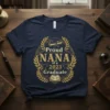 Proud Nana of a 2023 Graduate t-shirt design with golden laurel wreath, graduation cap, and diploma