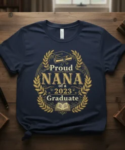 Proud Nana of a 2023 Graduate t-shirt design with golden laurel wreath, graduation cap, and diploma