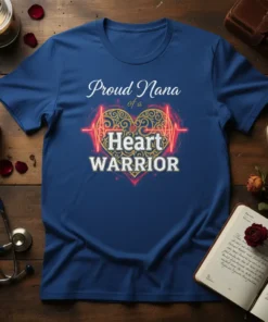 Proud Nana of a Heart WARRIOR t-shirt featuring a golden heart with a pulse line and white text