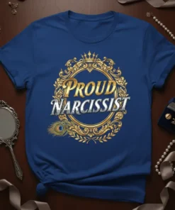 Proud Narcissist text design with ornate gold frame and peacock feather accent on a navy blue t-shirt