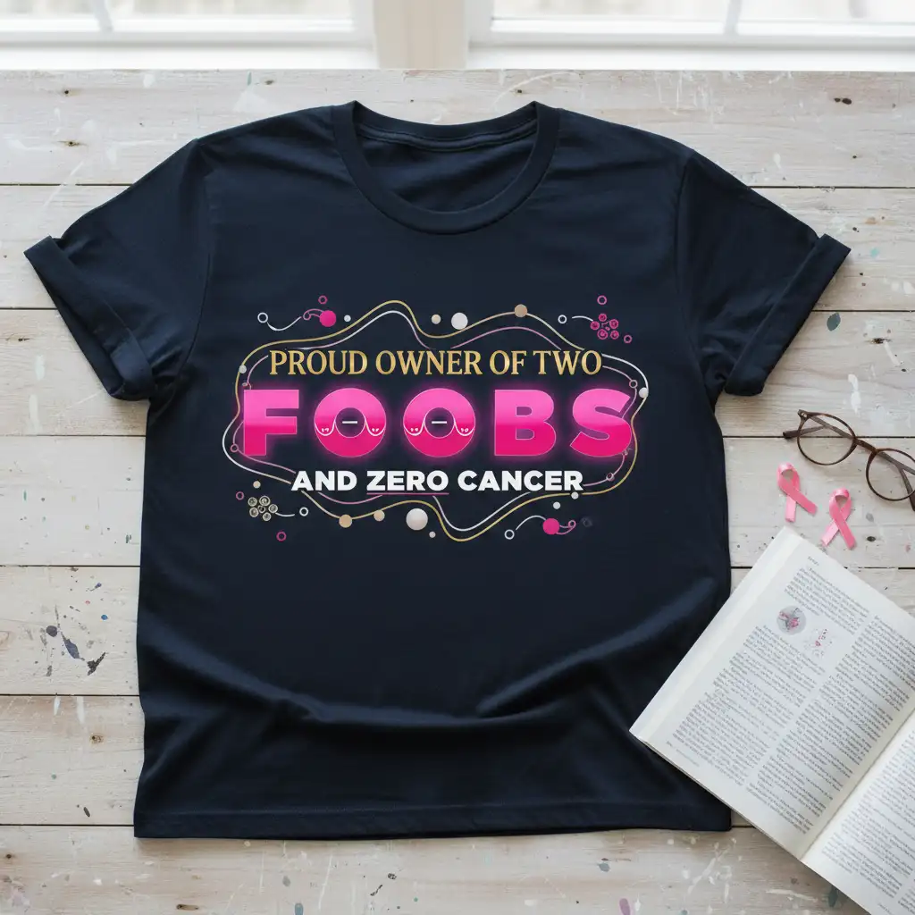Proud Owner of Two Foobs and Zero Cancer quote displayed in bold pink and white lettering on a dark t-shirt