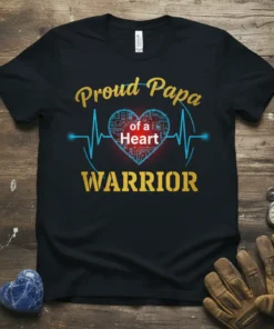 Proud Papa of a Heart WARRIOR text design with a heart and heartbeat graphic on a black t-shirt