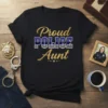 Proud Police Aunt t-shirt design with gold glitter text and police flag graphic for law enforcement family support