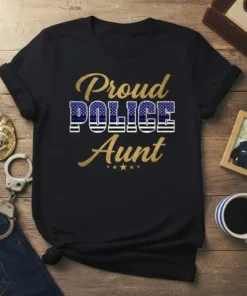 Proud Police Aunt t-shirt design with gold glitter text and police flag graphic for law enforcement family support