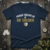 Proud Sibling of IDF Soldier text in white and gold on a navy blue t-shirt, with a shield graphic below