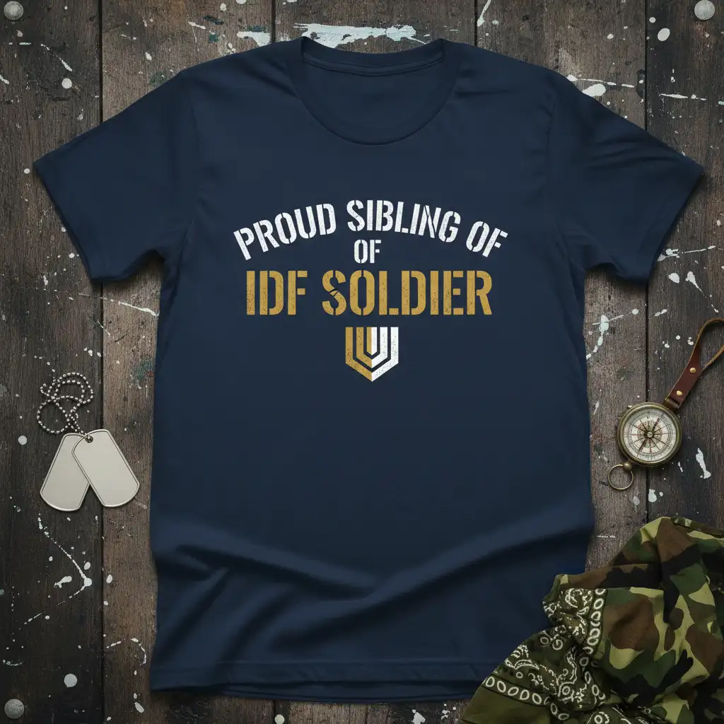 Proud Sibling of IDF Soldier text with shield graphic on navy blue t-shirt design