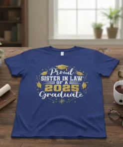 Proud Sister In Law Of A 2025 Graduate text with graduation caps and stars graphic on a blue t-shirt