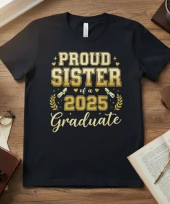 Proud Sister of a 2025 Graduate text design with diploma graphics on a black t-shirt