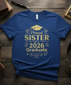 Proud SISTER of a 2026 Graduate text with graduation cap and diploma graphic, gold foil print on blue t-shirt